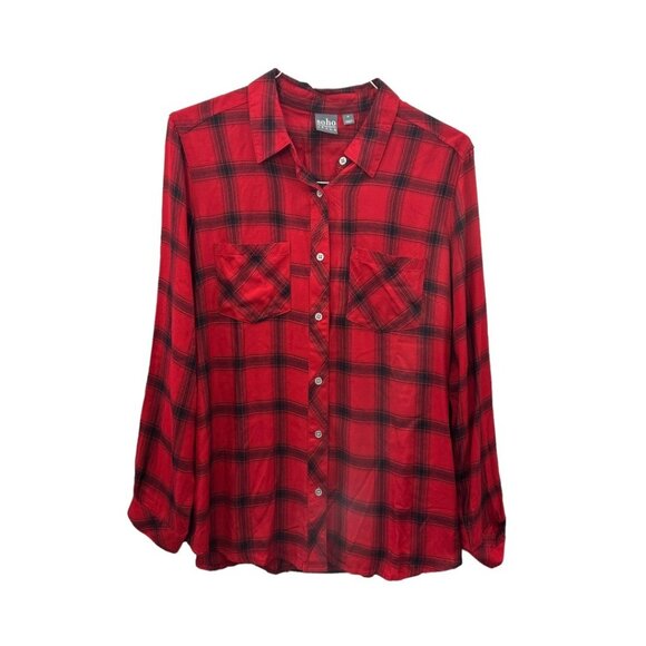 SOHO Women SZ M Red Plaid Button Up Lightweith Shirt Slit Insert Back Casual - Picture 7 of 14